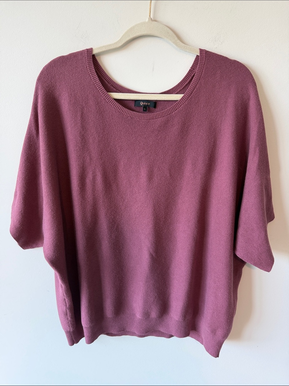 Quince Lightweight Cotton Cashmere Link-Stitch Dolman Sweater in Crushed Berry